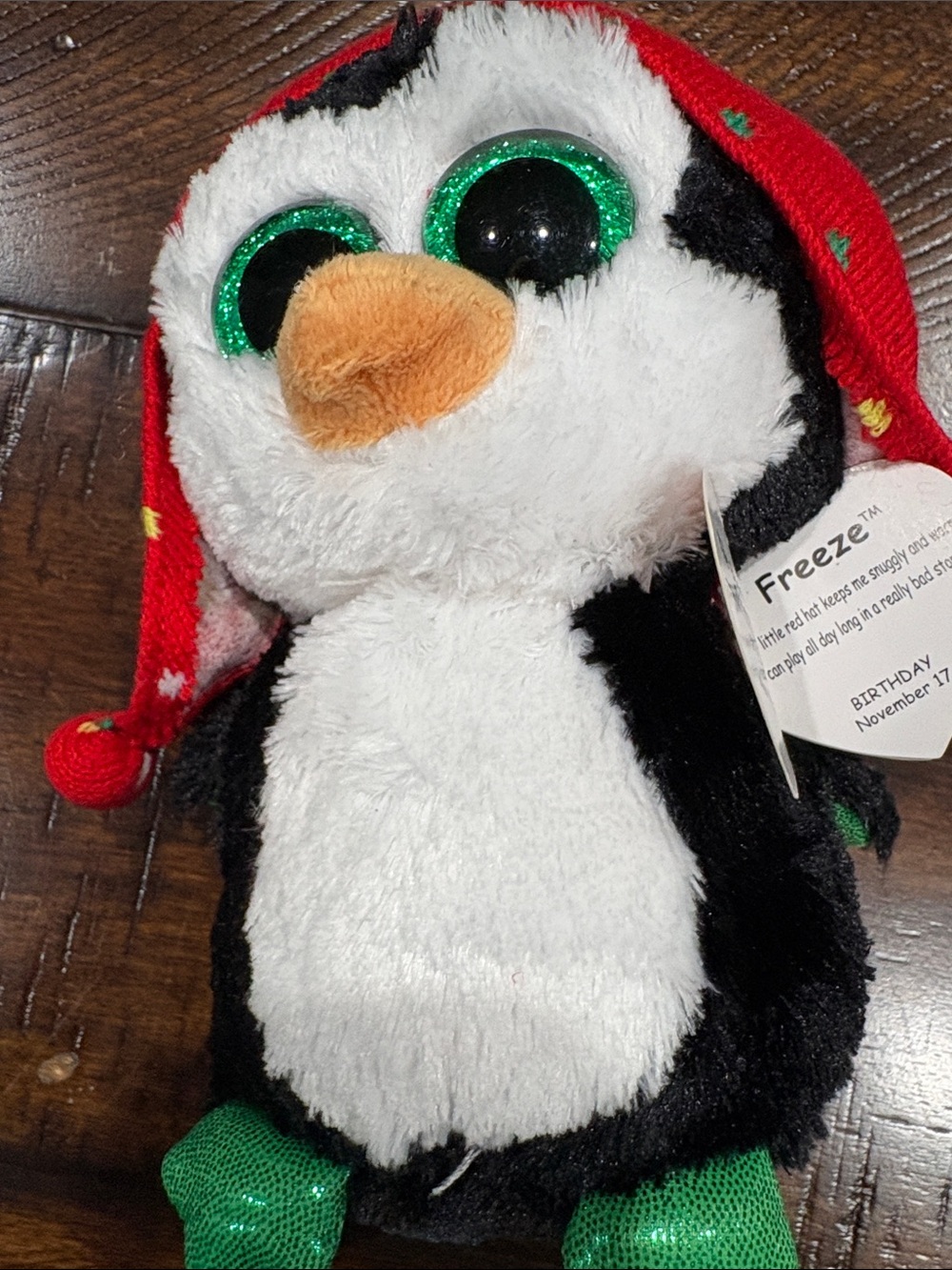 Ty Plush Penguin with Red Hat & Green Sparkle Eyes